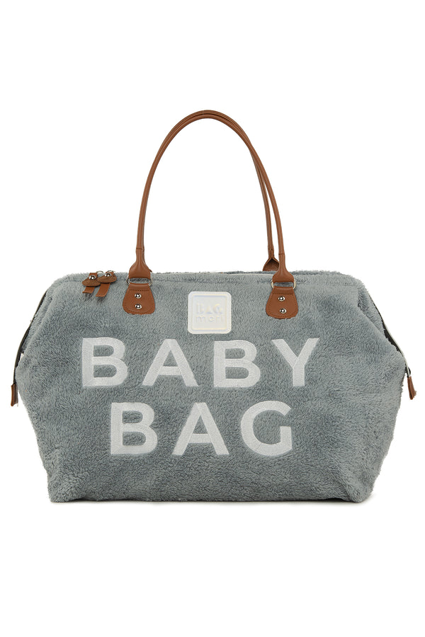 Gri Baby Bag Nakışlı Peluş Anne Bebek Çantası