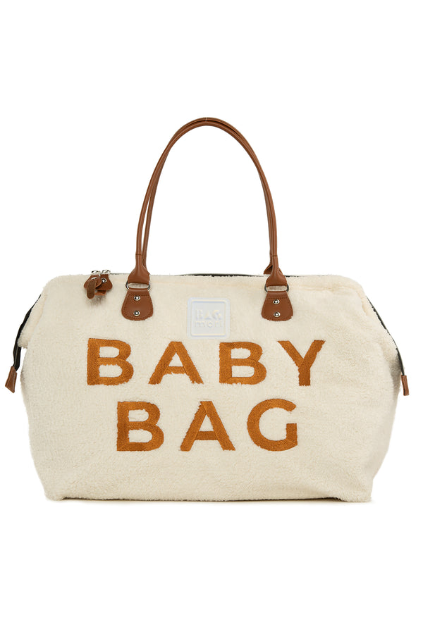 Krem Baby Bag Nakışlı Peluş Anne Bebek Çantası